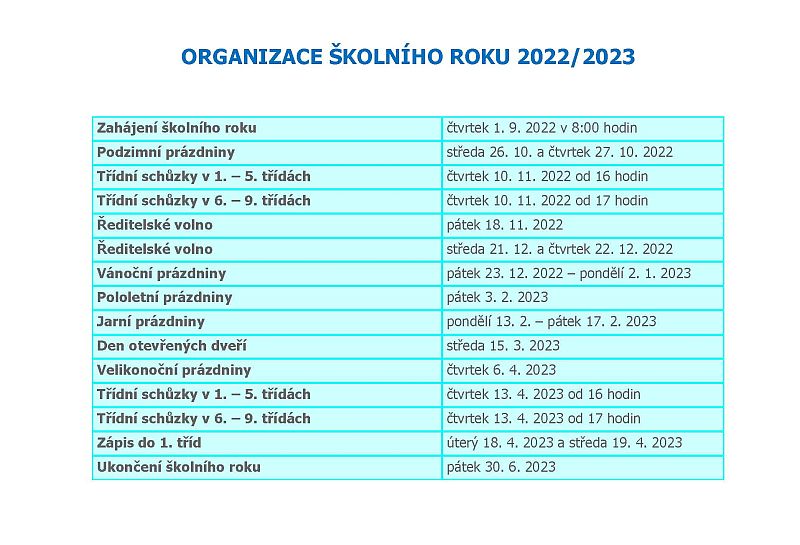 Organizace školního roku 2022/2023